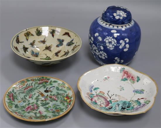 A Chinese straight butterfly bowl, a Straits footed bowl with rabbit, a prunus ginger jar and a Canton dish